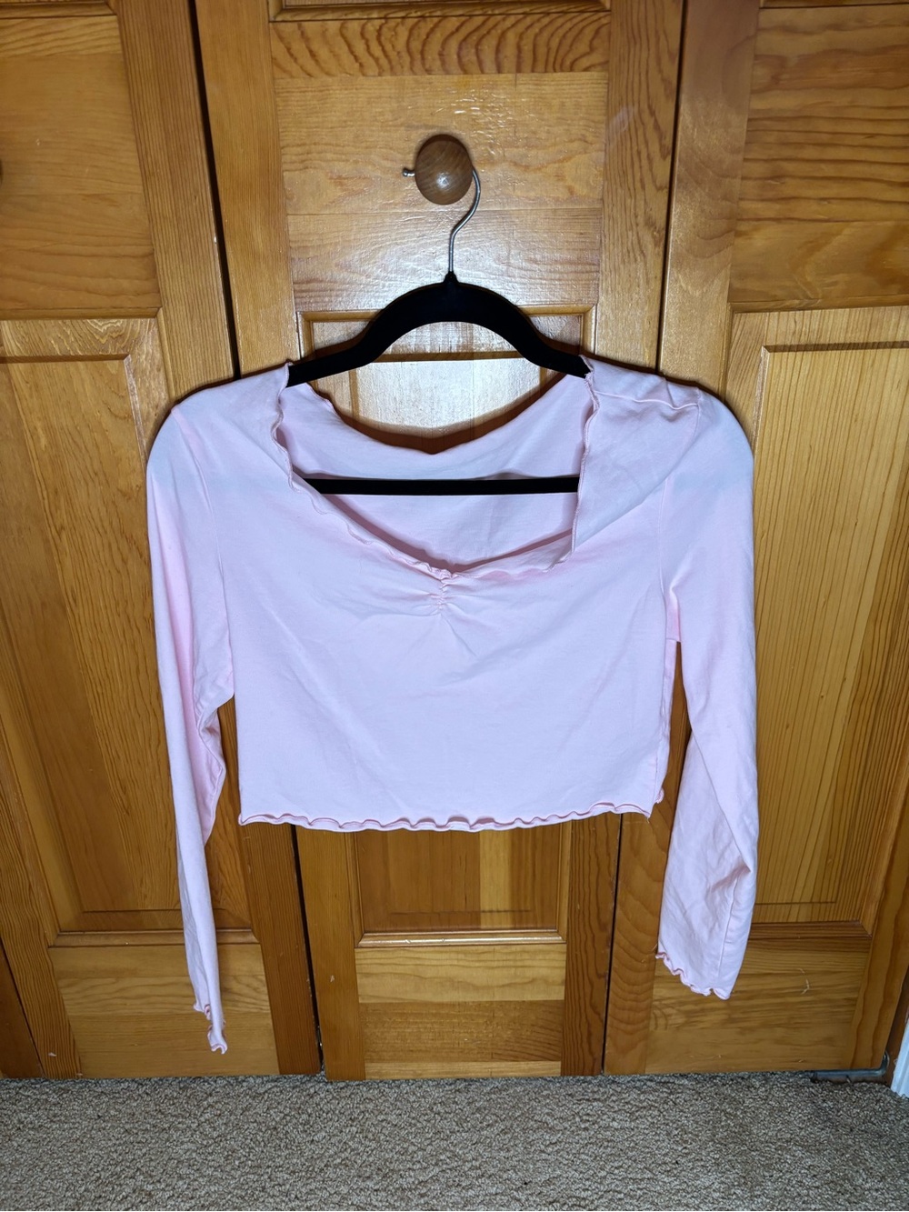 SHEIN Light Pink Long-Sleeve Lettuce-Edge Cropped Top